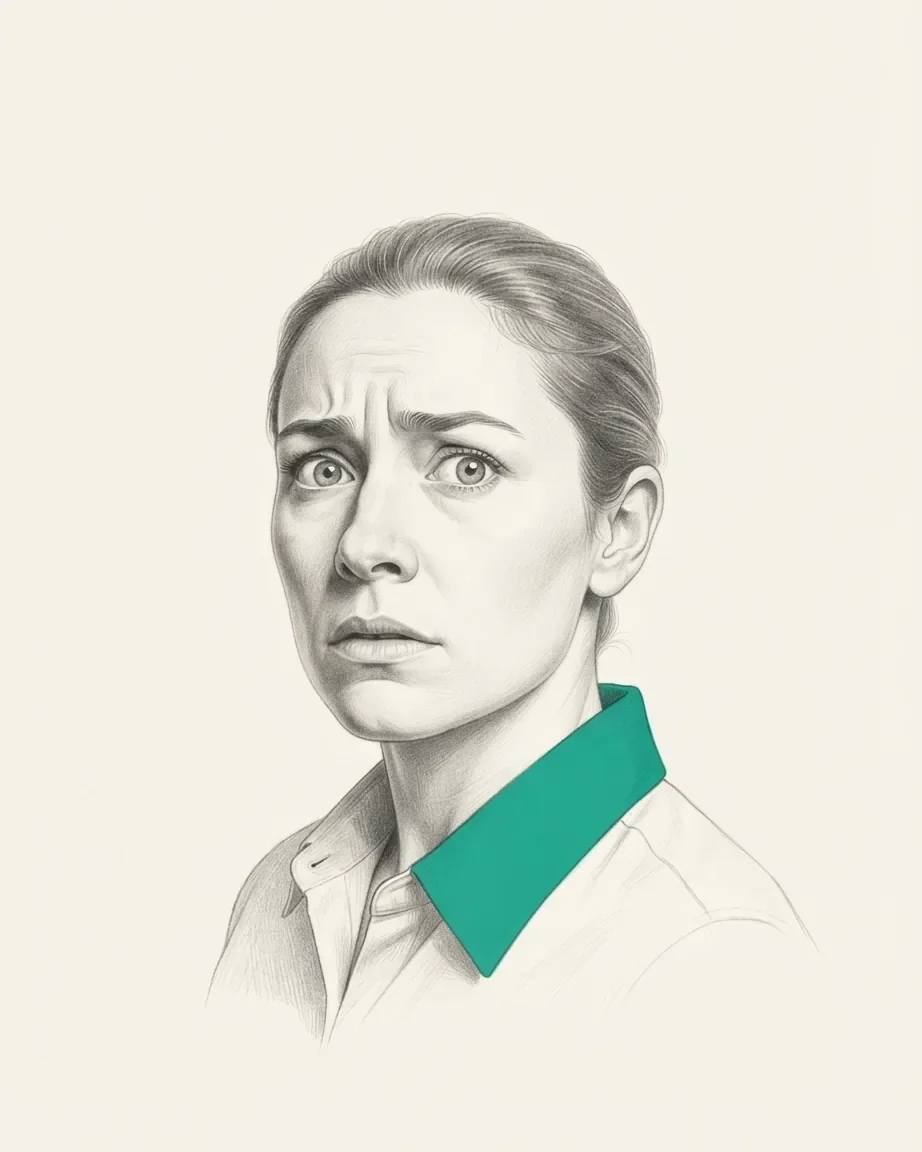 Graphite portrait of a person looking straight at the viewer, brows raised and drawn together, the collar of their shirt in verdigris